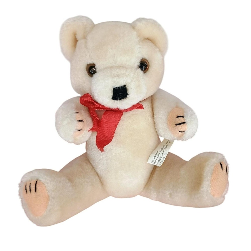 Vintage 80s Salco Harlow Jointed Teddy Bear Plush With Red Ribbon